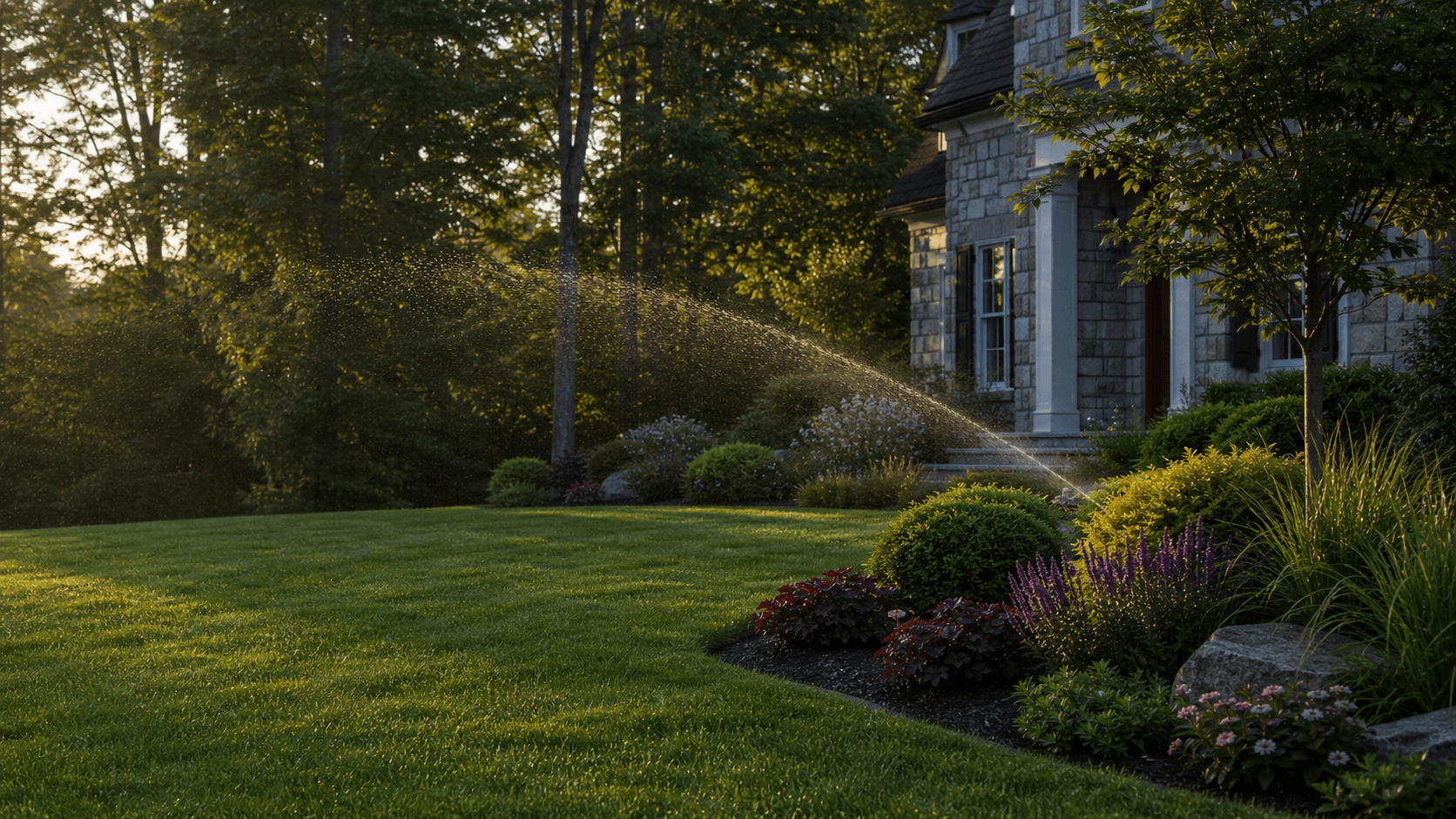 Irrigated lawn and landscaped front garden