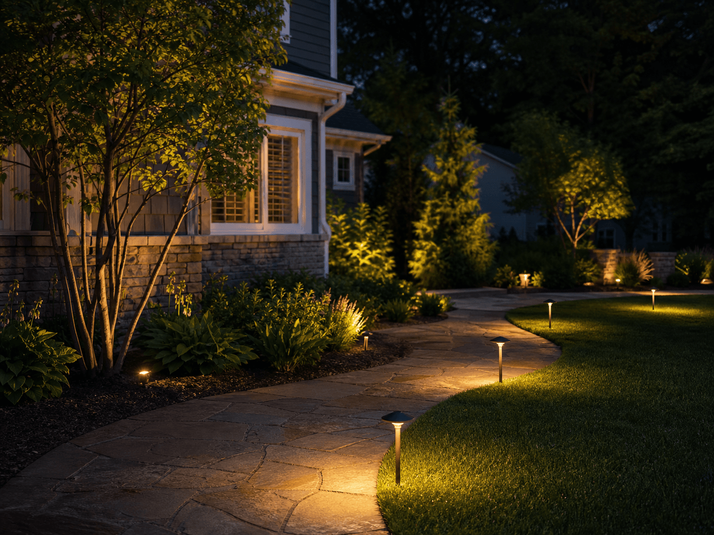 Residential path lighting at dusk