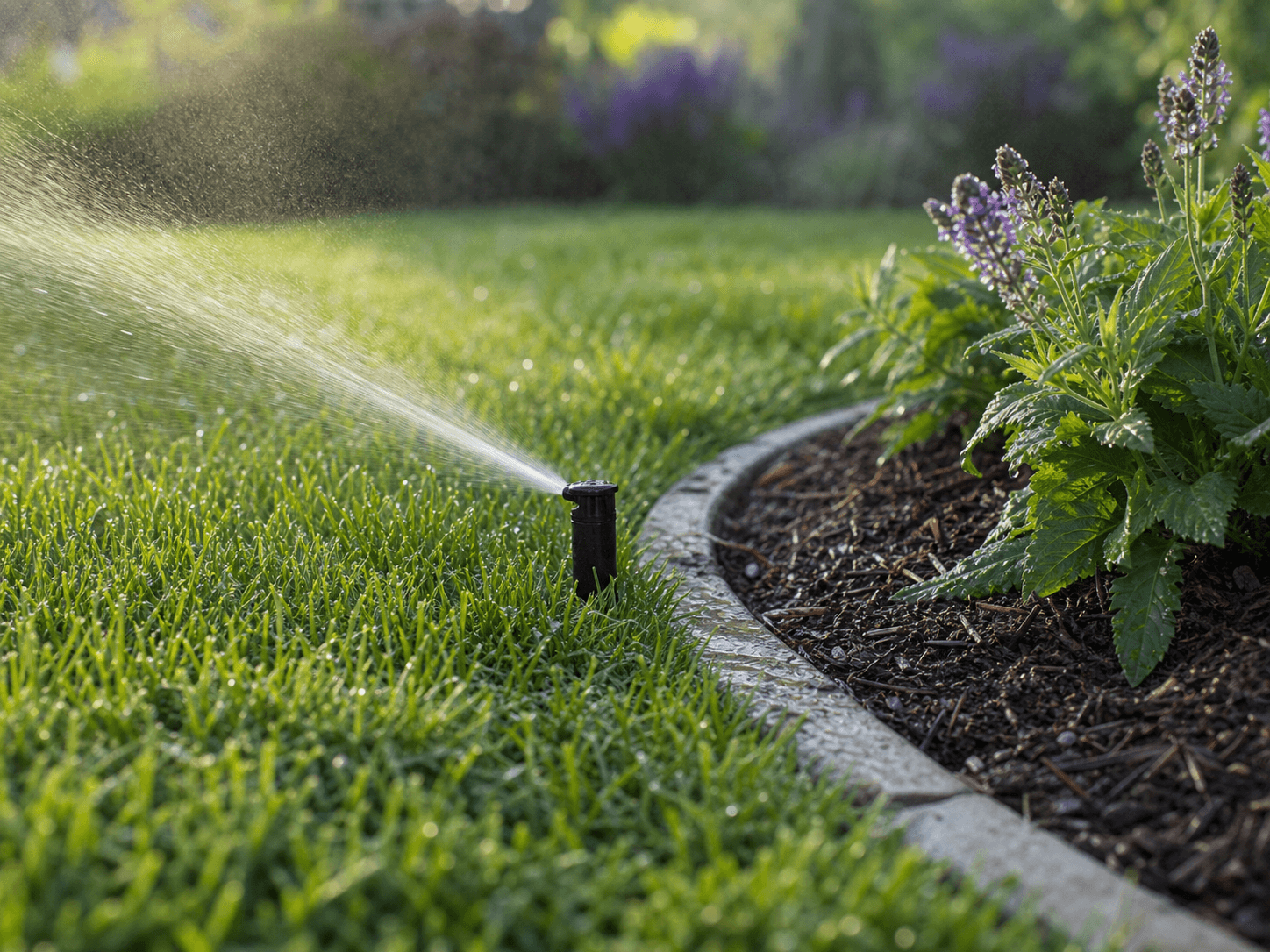 Working lawn sprinkler beside a garden bed