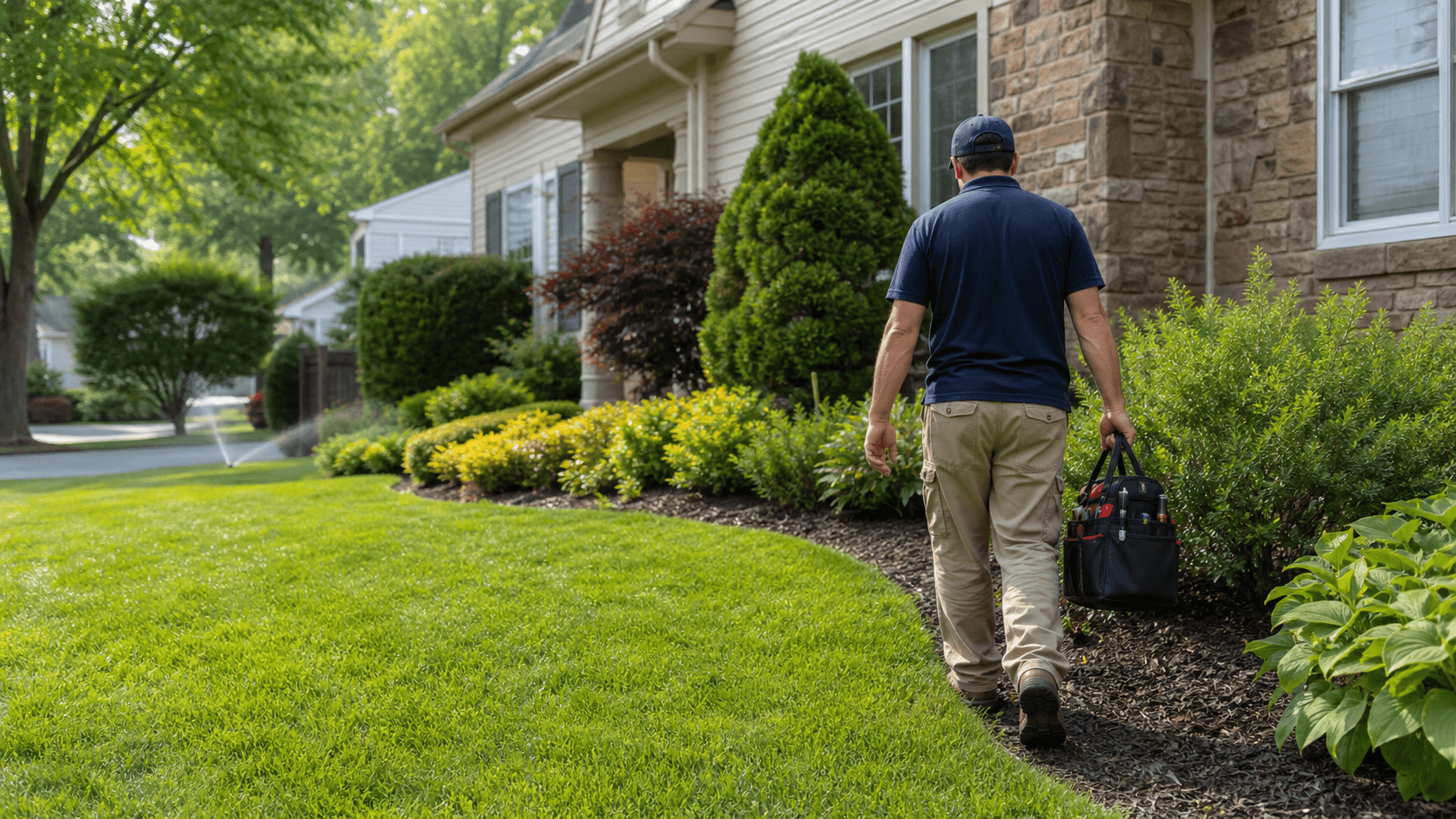 Technician servicing a landscaped lawn