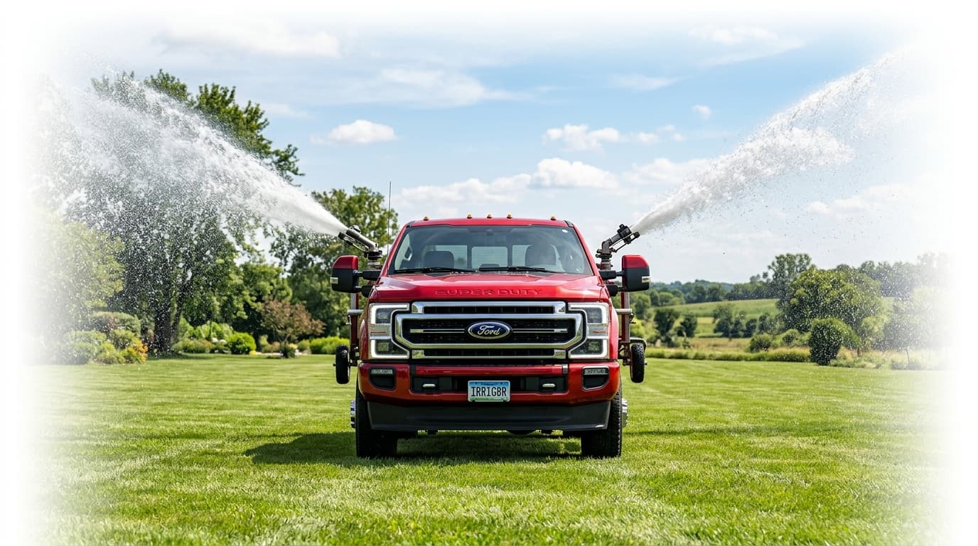 Alpha Irrigation Solutions red service truck parked by a lawn